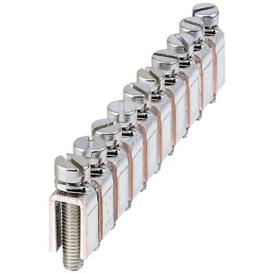 'Metal terminal block with multiple screw connections, suitable for connecting electrical cables, photographed from an overhead perspective.'