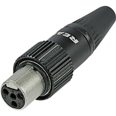 A black XLR plug with a metal housing and three pins, commonly used for professional audio connections.