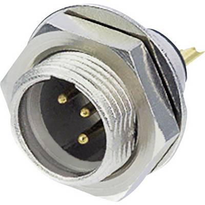 Round metal connector housing with three golden pins in the centre, suitable for electronic connections.