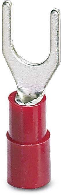 Red cable lug fork with metal fork end, for connecting electrical leads.