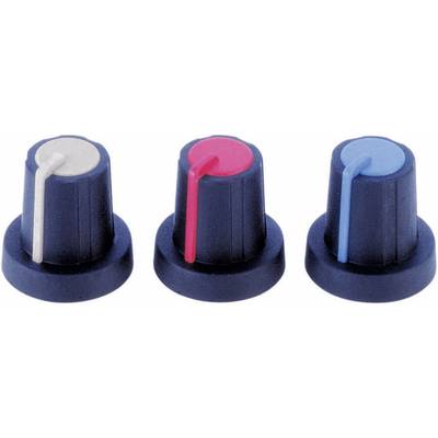 Three black rotary knobs with coloured markings: white on the left, red in the middle, blue on the right. They are suitable for controlling devices or audio equipment.