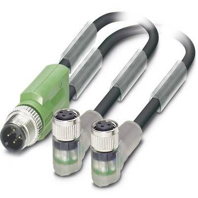 A green Y-extension cable with a male M12 connector on one side and two female M12 connectors on the other.