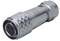 A round metal plug with four pins and a ribbed surface, suitable for industrial or technical applications.