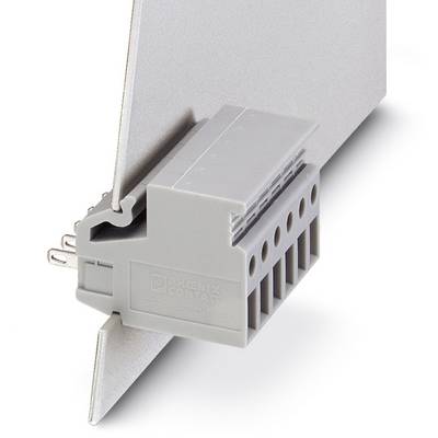 A grey connector fastened to a metal rail. The connector has multiple connection openings and is manufactured by Phoenix Contact.