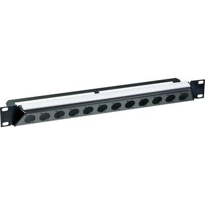 Metallic patch panel bracket with twelve round apertures for cable routing, suitable for mounting in a network rack.