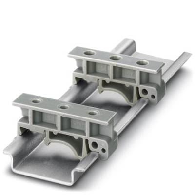 Metal clips mounted on a metal mounting rail. They are used to secure electrical components in control panels.