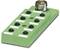 A green electronic device with multiple ports and a larger round plug contact on one side.
