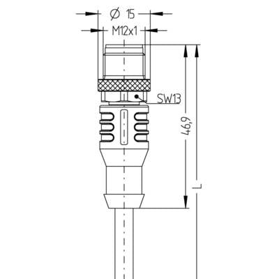 Socket diagram with M12x1 thread, SW13 head diameter and total length of 469 mm. Suitable for technical connection descriptions.