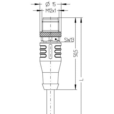 Technical drawing of a connector, showing dimensions: diameter 15 mm, thread M12x1, length 50.5 mm. Marked with 'SW13'.
