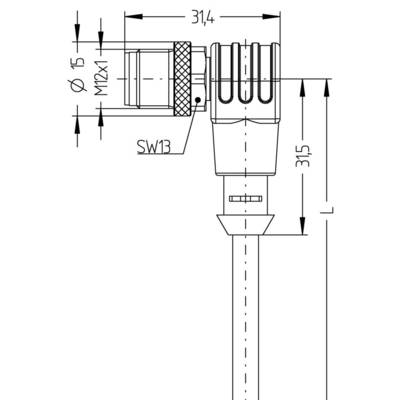 Technical drawing of a plug with cable. Dimensions: Diameter 15 mm, Length 31.4 mm, Hexagon width (SW) 13. Thread M12x1.