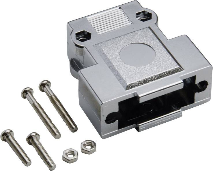 Silver D-Sub connector housing with four screws and two nuts. Used for protecting and connecting electronic cables.