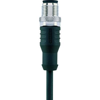 'A black connector with silver metal threading and a knurled surface for securing. Black cable at the lower end.'