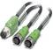 'Industrial Y-cable with green angled plug to two green circular connectors, suitable for M12 sensor/actuator connections.'