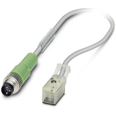 A grey cable with a green, round plug on one side and a transparent rectangular plug on the other side.