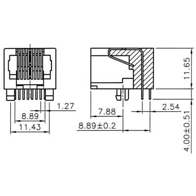 'Technical drawing of an electronic connector with dimensions in millimetres: width 8.89; height 11.65; length 11.43.'