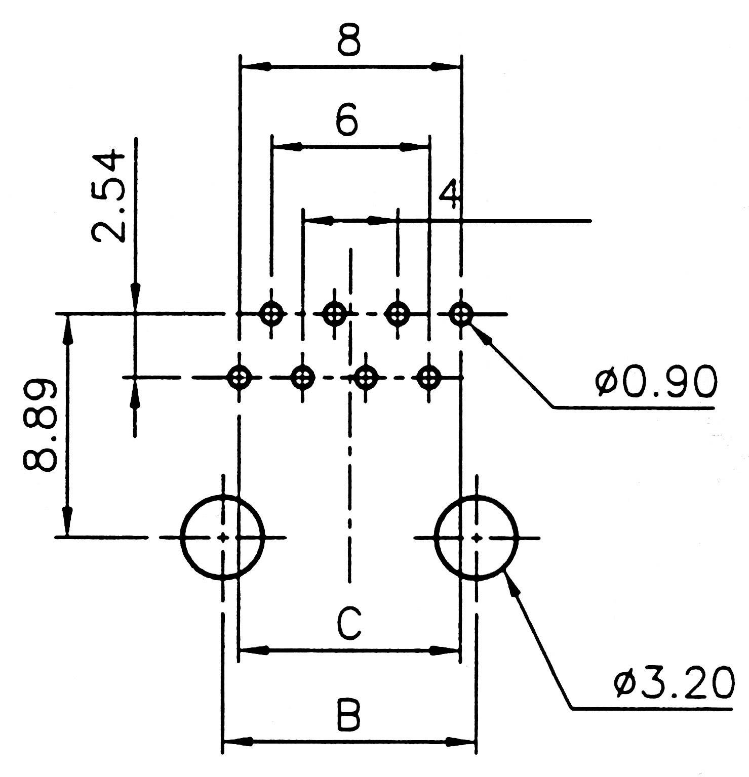 Technical drawing of a component with dimensions in millimetres. Shows distances, hole diameters, and positions of drill holes.