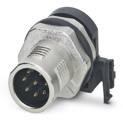 Connector with metal housing, 8-pin, circular design, black plastic mounting bracket on the side.