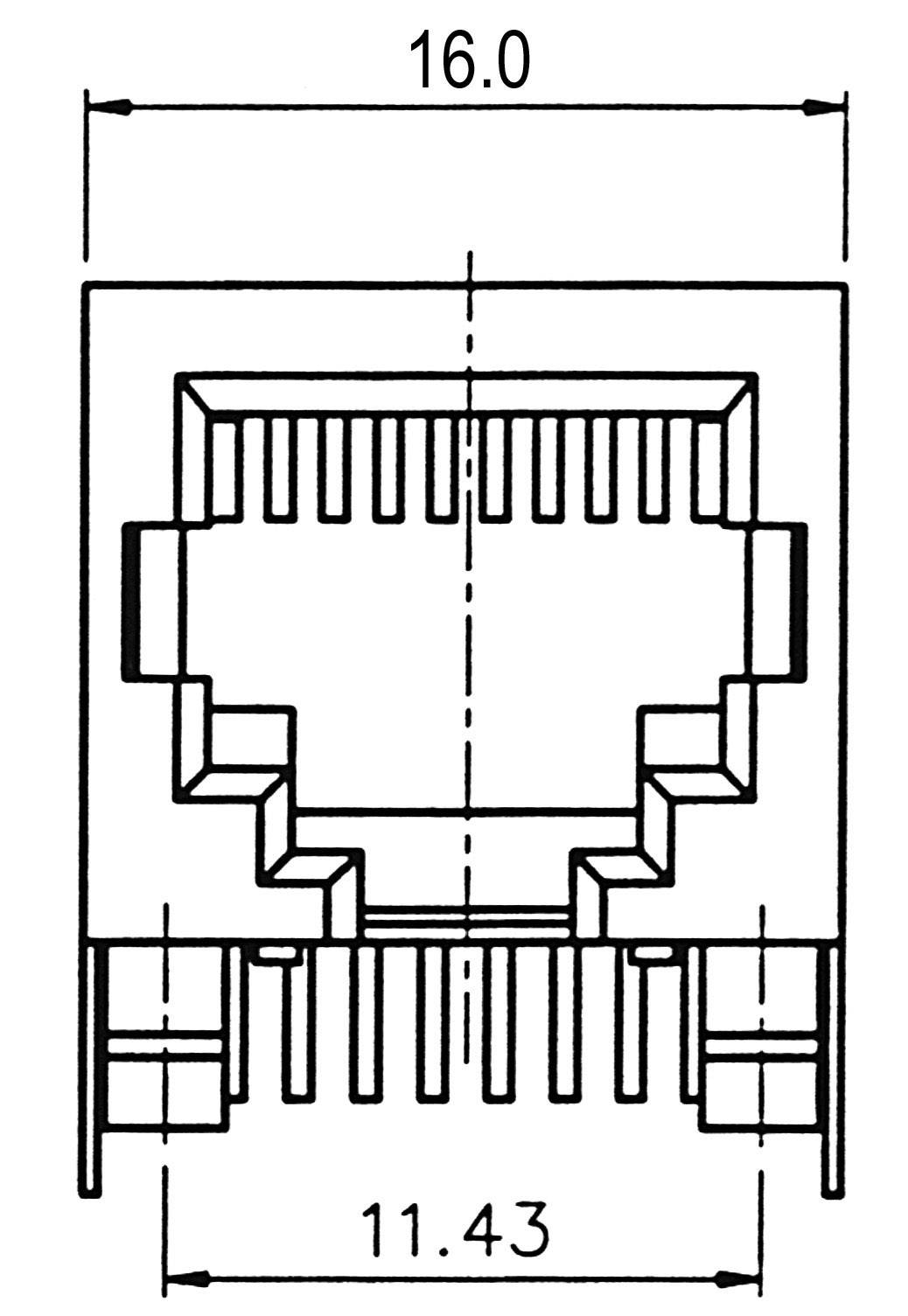 Technical drawing of an RJ45 connector with dimensional specifications: Outer width 16.0 mm, inner width 11.43 mm.