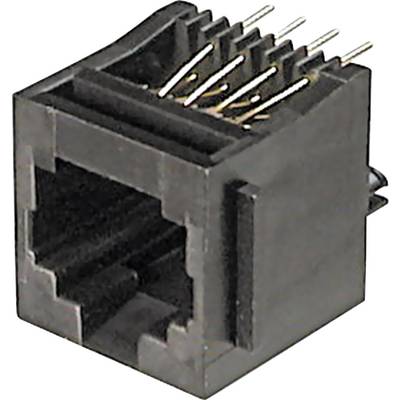 A black, square RJ45 network socket with eight metal pins for Ethernet cable connections.