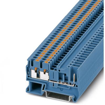 Blue electrical terminal block with orange wires, used for wiring in control panels and electrical applications.