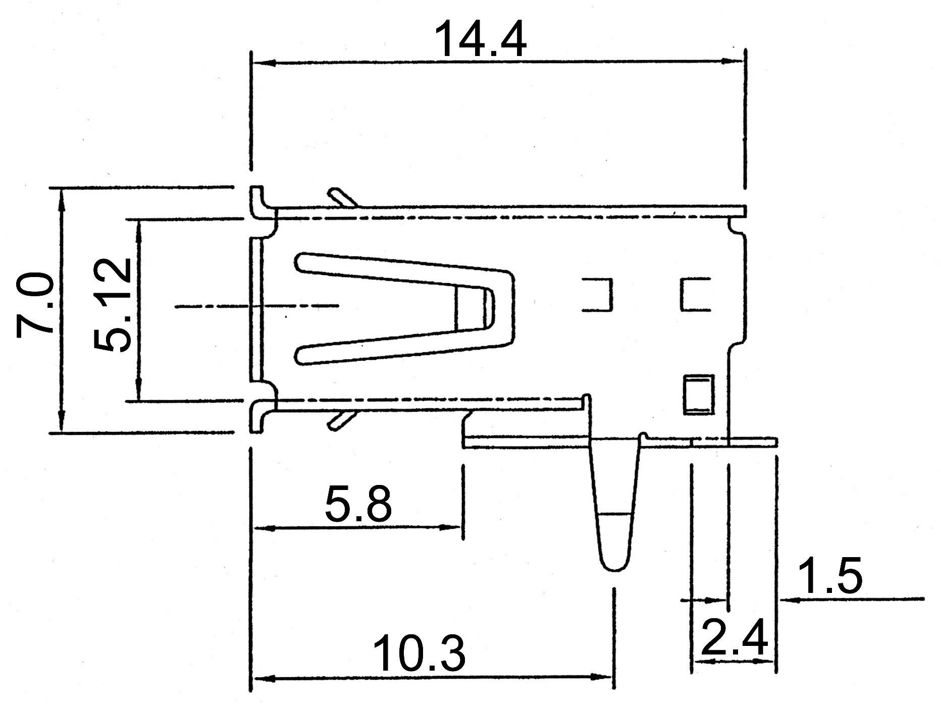 Technical drawing of an electrical component with precise measurements in millimetres: 14.4, 7.0, 5.12, 5.8, 10.3, 2.4 and 1.5.