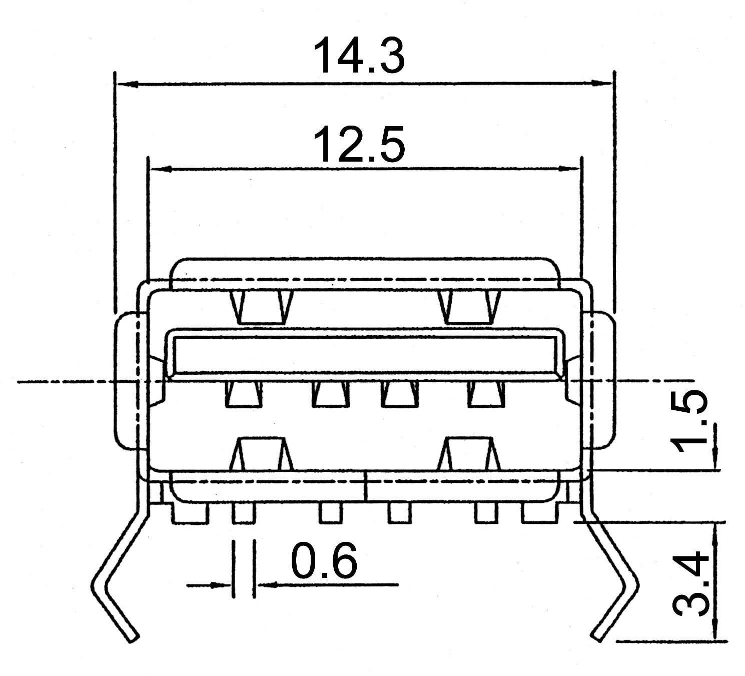Technical drawing of a connector with dimensions: Total length 14.3 mm, width 12.5 mm, height 3.4 mm, pin spacing 0.6 mm.