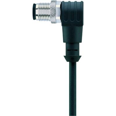 A black connector with an angled housing and cable. The connection is fitted with a metal thread.