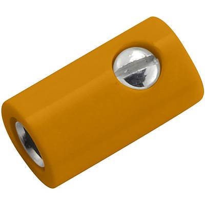 An orange pencil sharpener with a silver blade, lying on a white surface.
