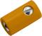 An orange pencil sharpener with a silver blade, lying on a white surface.