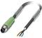 A cable with a green plug and stripped ends, showing three conductors in brown, blue, and white.