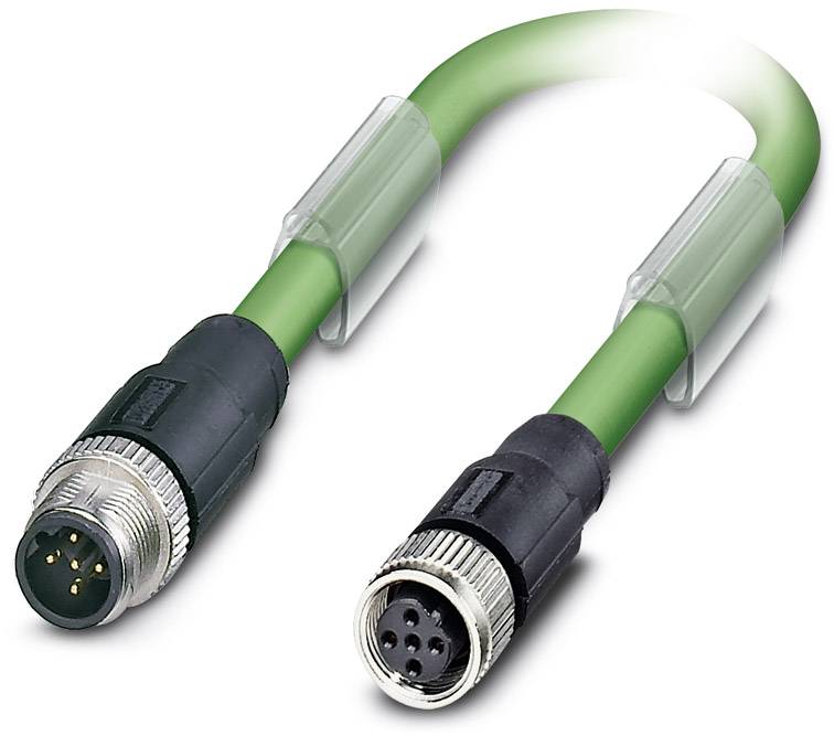 Green, twisted cable with silver metal ends and connectors.