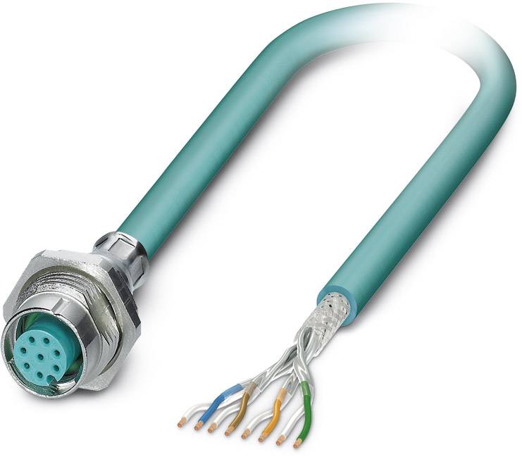 A green Ethernet cable with a metal plug on one side and exposed, colour-coded wires on the other side.