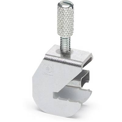 A silver clip with a ribbed handle and embossed logo. Suitable for securing objects to metal structures.