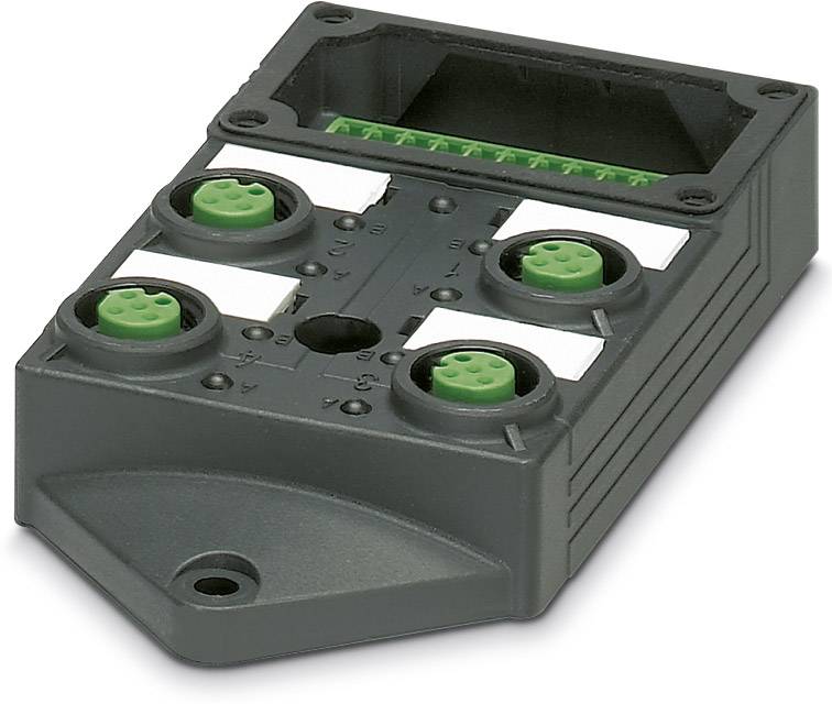A black electronic device with green ports and an open expansion slot, used for electrical connections.