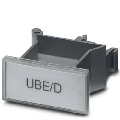 A grey plastic holder with a removable, labellable tag reading 'UBE/D'.