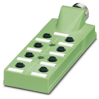 Green industrial socket with eight black slots and a large connector at the top. Used in electrical systems.