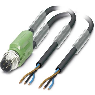 'Image shows a green cable with a plug that splits into two spliced cables. Contact ends are visible.'