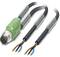 'Image shows a green cable with a plug that splits into two spliced cables. Contact ends are visible.'
