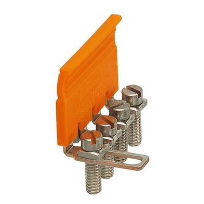 An orange terminal block cover with four metal screws underneath, used for securing electrical wires.