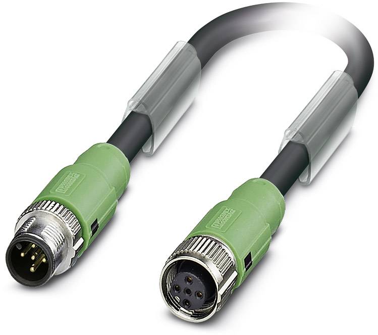 A green industrial plug cable with metal circular connectors at both ends, used for connecting devices or machinery.