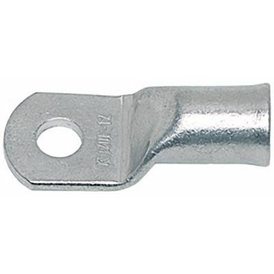 Metal eyelet with a hole for connecting cables; robust, silvery shiny surface.