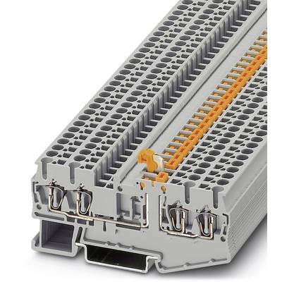 'Grey-orange terminal block with numerous connection options, used for electrical connections in control panels.'