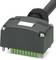 A rectangular, black plug with green contacts and screws at the corners, used for connecting electrical cables.