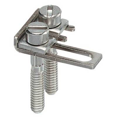 Two silver countersunk screws with a metal mounting bracket affixed to them. Ideal for electrical installations.