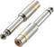 Two silver audio plugs with golden accents, layered one on top of the other.
