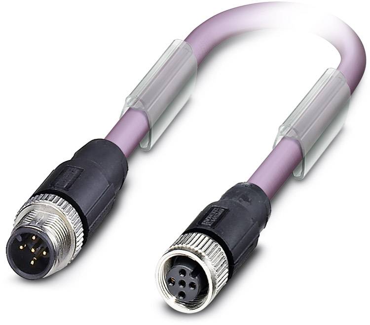 An M12 plug cable with an 8-pin plug on the left and an 8-pin socket on the right.