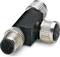 A black, T-shaped electric adapter with metallic plugs at its ends is pictured.
