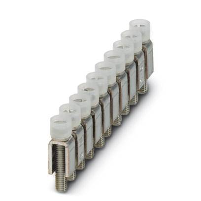 A row of white terminal blocks with screws for electrical connections.