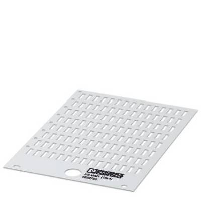 White rectangular plastic panel with raised, angled louvres. A small hole at the bottom contains a black inscription.