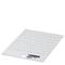 White rectangular plastic panel with raised, angled louvres. A small hole at the bottom contains a black inscription.